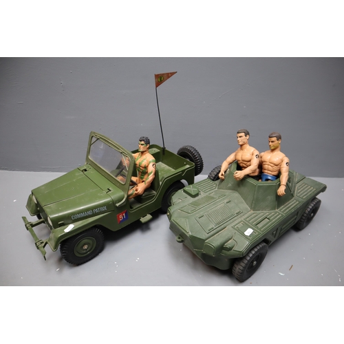 833 - Three Action Man Figures together with a Tank and a Jeep