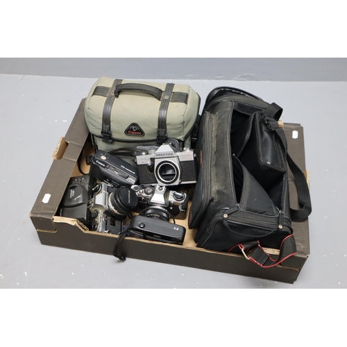 852 - Mixed Lot to include Vintage Cameras and Three Camera Bags. Include Olympus, Canon and Praktica