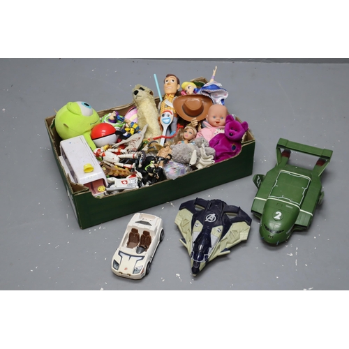 856 - Two Boxes to include a Selection of Toys. Includes Woody, bo Peep, Thunderbirds, Mike Lazowski and m... 