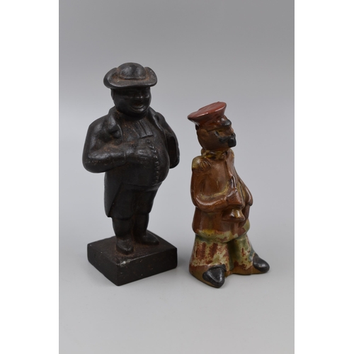 A Tremar Stoneware Musician, With Cast Iron Gentleman Holding Book. Largest Approx 6" Tall