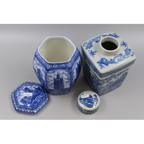 319 - Two Blue and White Rington's Ceramic Tea Caddies. Includes Oriental Style and UK Landmarks (AF)