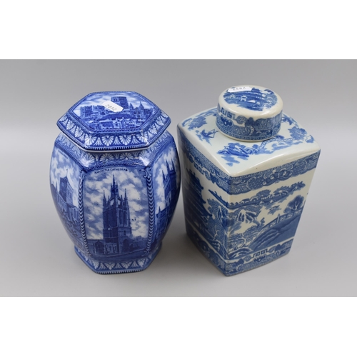 319 - Two Blue and White Rington's Ceramic Tea Caddies. Includes Oriental Style and UK Landmarks (AF)