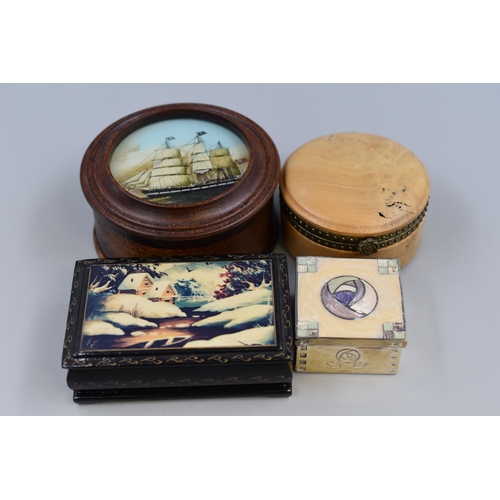 906 - Four Trinket Boxes to include Vintage Hand carved with Hand painted Ship Decoration, Chinese Lacquer... 