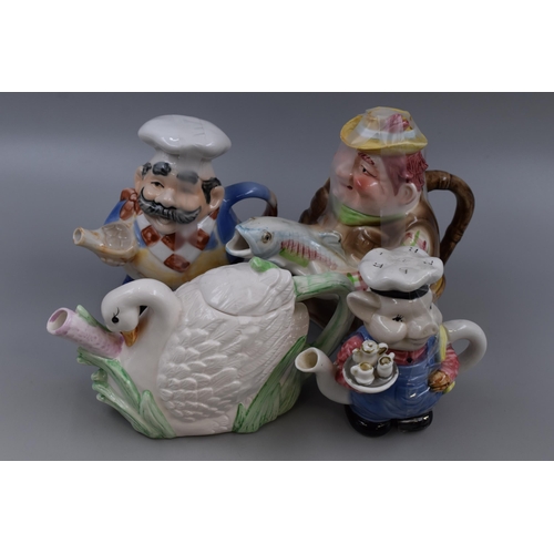 335 - Collection of Four Novelty Ceramic Teapots in the form of a Fisherman, Cook, Swan, and a Piglet Chef