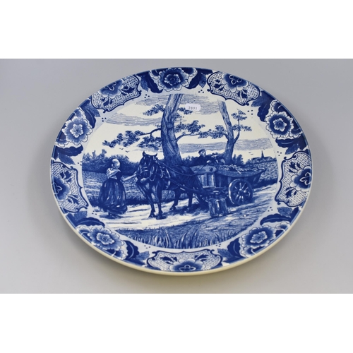 358 - A Large Blue and White Delft Ceramic Plate, Depicting Horse and Carriage. Approx 15