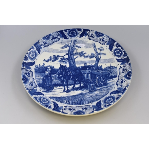 A Large Blue and White Delft Ceramic Plate, Depicting Horse and Carriage. Approx 15" Diameter