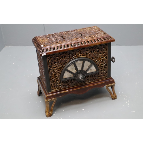 Antique French Art Nouveau Enameled Cast Iron Wood Burning Heater Stove, by Pied Selle Brevete (21 x 12 x 20) Glass a/f