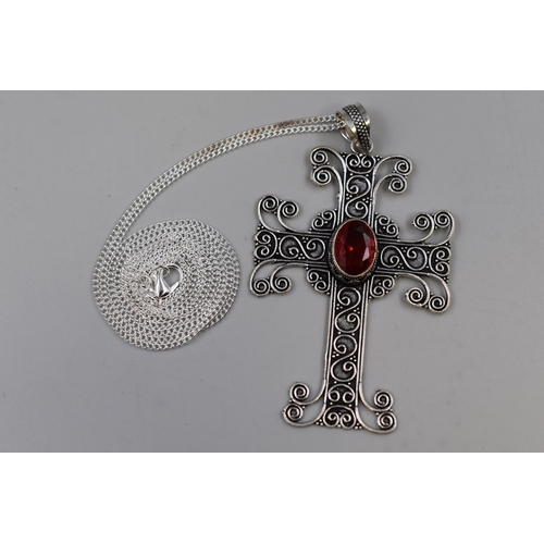 61 - Large Silver 925 Garnet Stoned Cross Pendant Necklace on Silver 30” Chain. Complete in Present... 