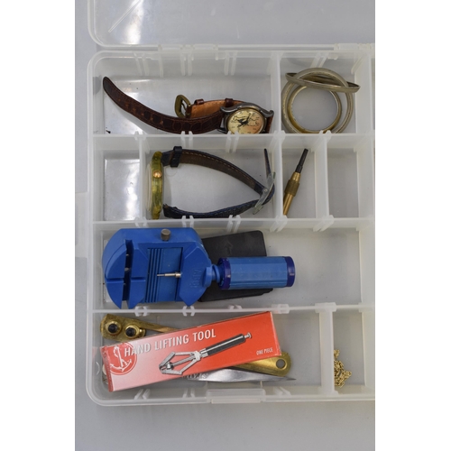 89 - Selection of Watch Tools and Parts in Compartmental Box (Box Size 14” x 9”)