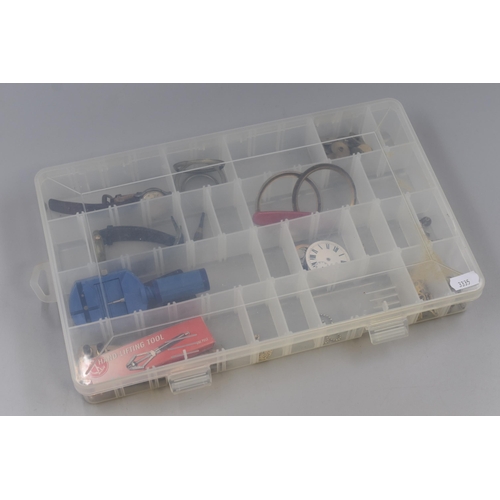 89 - Selection of Watch Tools and Parts in Compartmental Box (Box Size 14” x 9”)