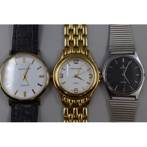 90 - Three Gents Watches to include Kendall & James, Philip Mercier and Lorus (All Working)