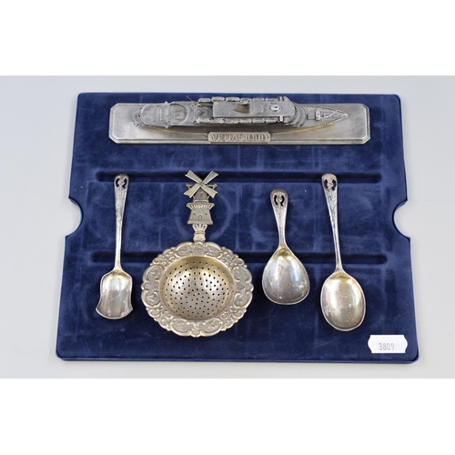 117 - Selection of Silver Plated Spoons, Tea Strainer and Model of Vistafjord Cruise Ship