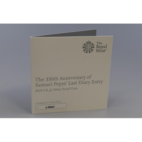 164 - Royal Mint Samuel Pepys Silver Proof 50 Pence Coin Complete in Presentation Case, with Certificate