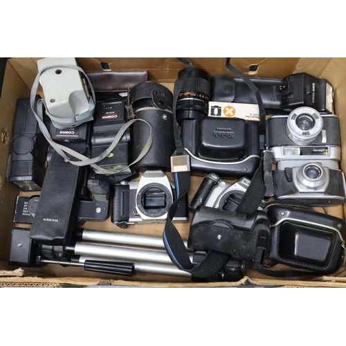 534 - Large Selection of Vintage Cameras and Camera Equipment. Includes Cobra and Canon Flash Units, Tripo... 