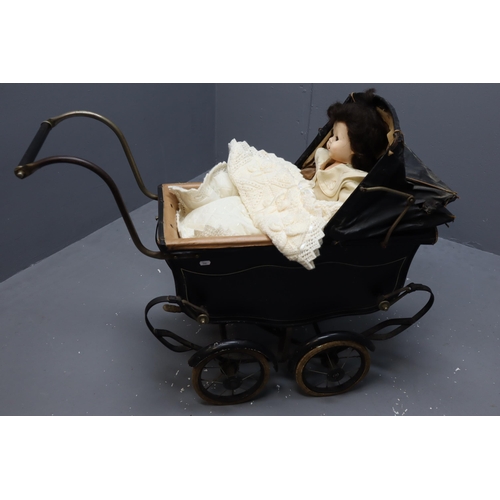 557 - Swallow Toys Authentic Victorian style Pram with Canopy, and a Vintage Composite Doll (Total Length ... 