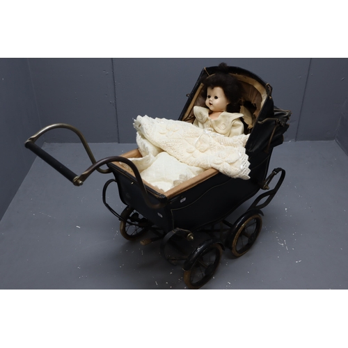 557 - Swallow Toys Authentic Victorian style Pram with Canopy, and a Vintage Composite Doll (Total Length ... 