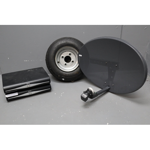 653 - Mixed Selection to include Two Sky Boxes, Sky Dish and a New Trailer Tyre by Kings 4.80-8 (untested)