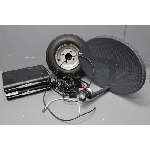 653 - Mixed Selection to include Two Sky Boxes, Sky Dish and a New Trailer Tyre by Kings 4.80-8 (untested)