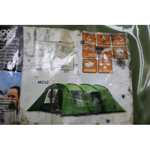 674 - Vango Samara 600 Moss Six Person Tent, Concealed Within Storage Bag, Unchecked, Approx 28 kg