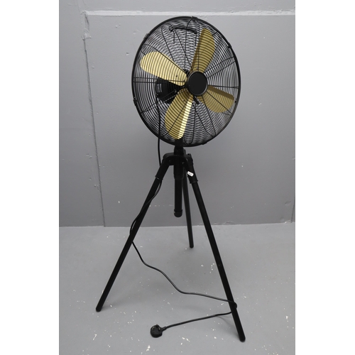 680 - A Dunelm Black and Gold Tripod Fan, Powers on When Tested. Approx 49