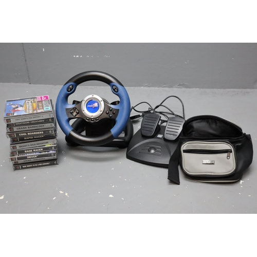 812 - Mixed Lot to include Nine Playstation Games, Foot Pedal, Steering Wheel and Bum Bag