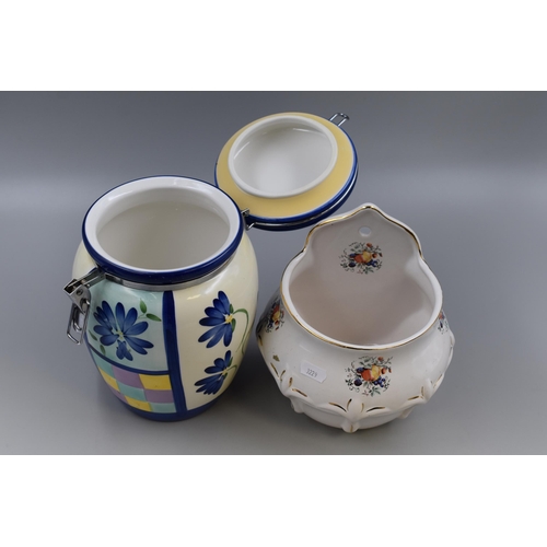 756 - Decorative Ceramic Storage Container, Ceramic Wall Hanging Flower Pot Holder and Two Boxed Gifts Dep... 