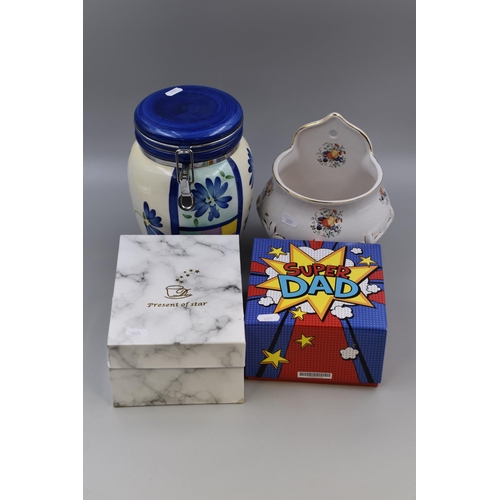 756 - Decorative Ceramic Storage Container, Ceramic Wall Hanging Flower Pot Holder and Two Boxed Gifts Dep... 