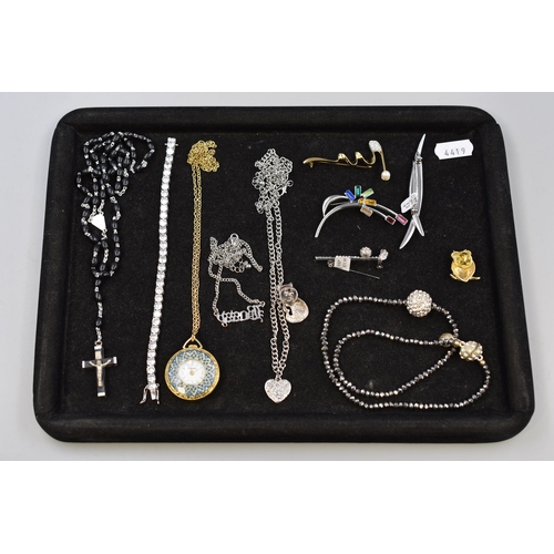 61 - Selection of Jewellery including Rosary, Pendant Watch, Brooches, Bracelet and More