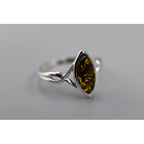 63 - Silver 925 Amber Stoned Ring (Size U-V). Complete in Presentation Box