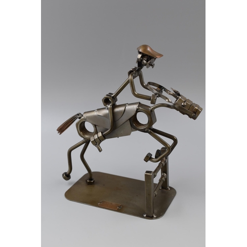 197 - Steelman 24 Hand Made Nuts and Bolt Sculpture Depicting Horse and Jockey 'Jumping Fence' approx 7