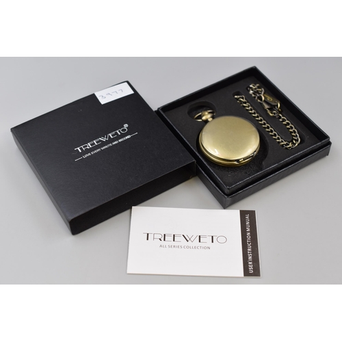 100 - Treeweto pocket watch in antique brass colour with fob chain in presentation box and sleeve in worki... 