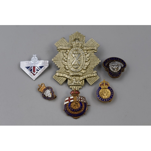 216 - Glasgow Light Infantry Cap Badge and 4 Enamelled Badges (British Legion, and Defence Core)