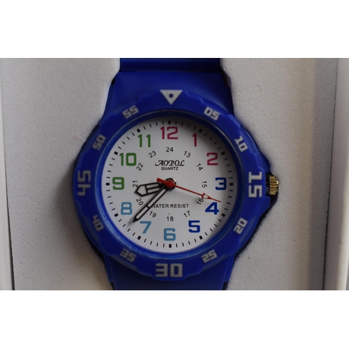 103 - Two kids watches both brand new and boxed one blue with blue strap one black with multicoloured stra... 