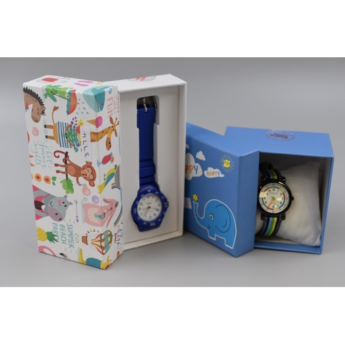 103 - Two kids watches both brand new and boxed one blue with blue strap one black with multicoloured stra... 