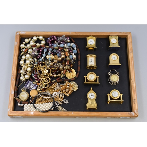 108 - Selection of Mixed Jewellery and 8 Miniature Mantle Clocks