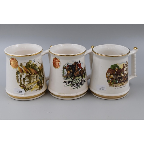 225 - Collection of Three Masonic 'Prince William' China Tankards With 22 Carat Gold Detail 'Old English N... 