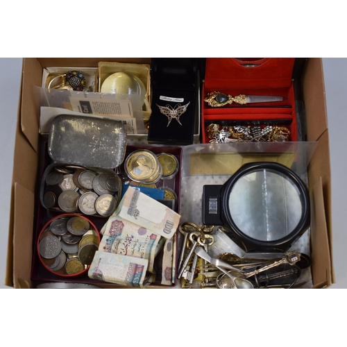 110 - Mixed Lot including Jewellery, Silver, Coinage, Banknotes, Magnifying Glass, and More