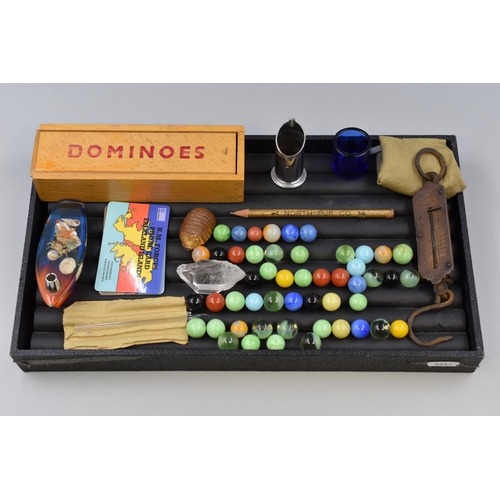 112 - Mixed Selection inclduing Marbles, Dominoes (Not Complete) Pocket Balance, Pen Holder and More