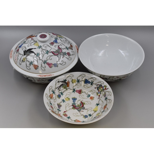 235 - Three hand painted Chinese Bowls to include One Lidded Tureen largest 9.5