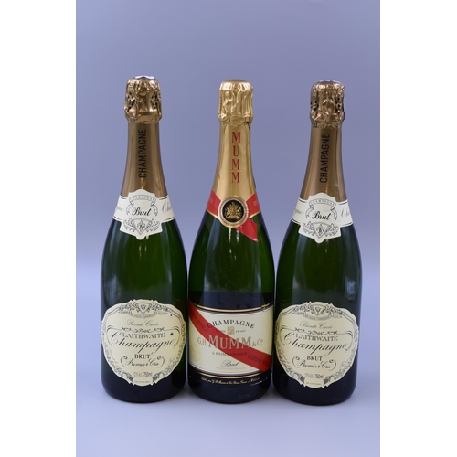 238 - Three Bottles of Sealed Champagne. Includes Laithwaite Brut and G.H. Mumm & Co Brut