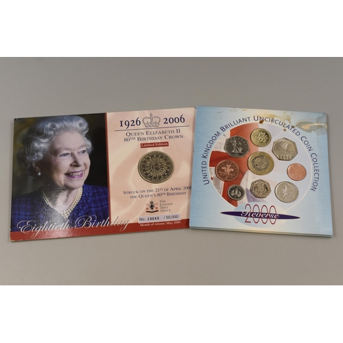 124 - Royal Mint 2000 Brilliant Uncirculated Coin Set, and a Limited Edition 2006 80th Birthday £5 C... 