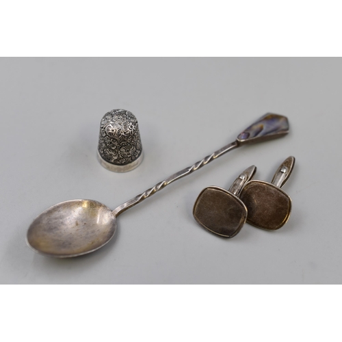 128 - Pair of Silver Cufflinks, Thimble and Mother of Pearl Handled Tea Spoon