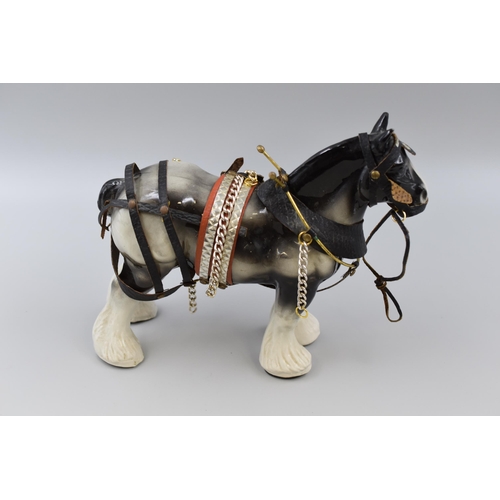 248 - Vintage Ceramic Grey/Black Shire Horse Pulling Wooden Caravan, There is a Crack To Underside Of Hors... 