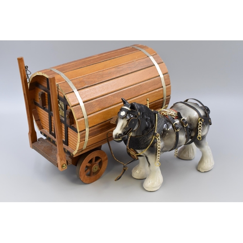 248 - Vintage Ceramic Grey/Black Shire Horse Pulling Wooden Caravan, There is a Crack To Underside Of Hors... 