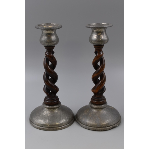 273 - Two Vintage Pewter and Wood Candle Stick Holders, Marked Unity Pewter, 10” (one a/f requires b... 