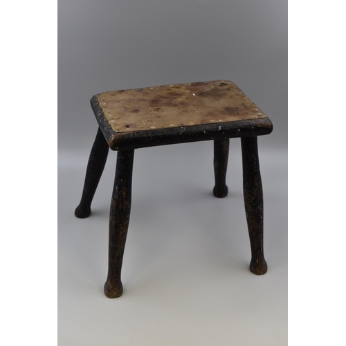 279 - Early 19th Century Milking Stool with Upholstered Hide Top (12” x 11.5” x 10”)