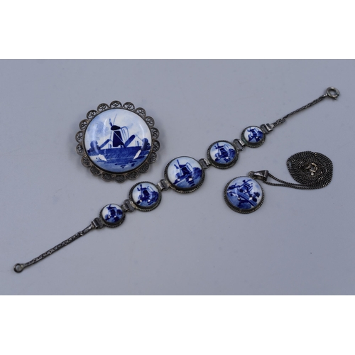 155 - Silver 925 Delft Ware Brooch, Bracelet and Pendant Necklace