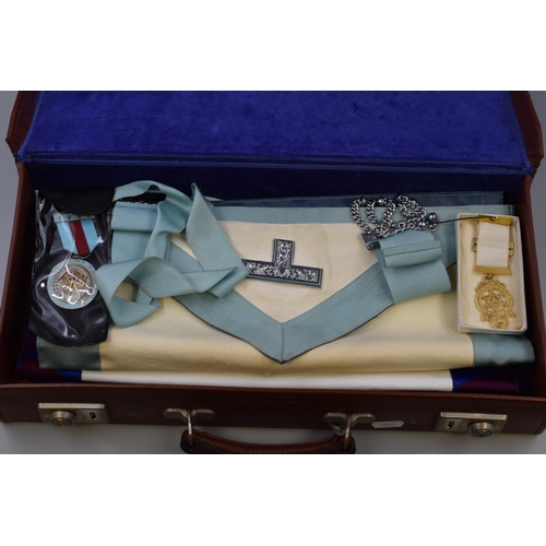 308 - A Briefcase Containing Various Pieces of Masonic Regalia. Two Aprons and Two Medals