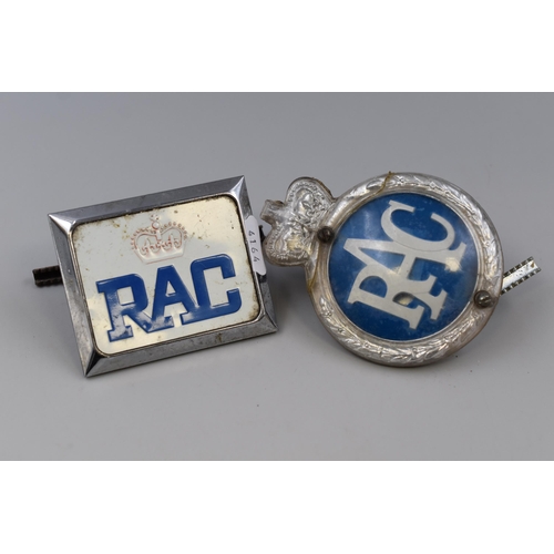 184 - Two Vintage RAC Members Grill Badges complete with Fixings (one with a crack)