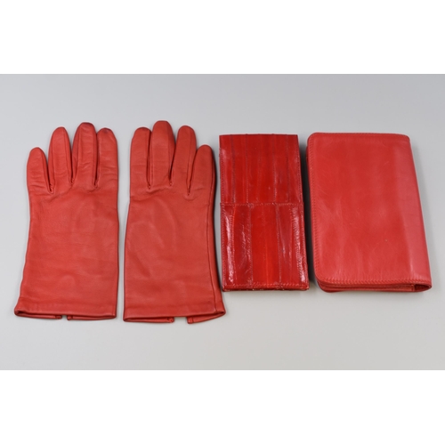 192 - A Selection of Red Leather Items To Include Eel Skin Glasses Case, Kid Leather Silk Lined Gloves, An... 